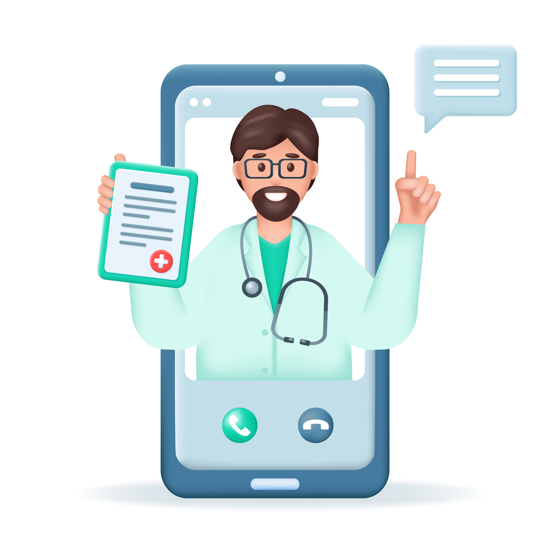 Smartphone and doctor with prescription on screen. Online Healthcare and medicine 3d vector